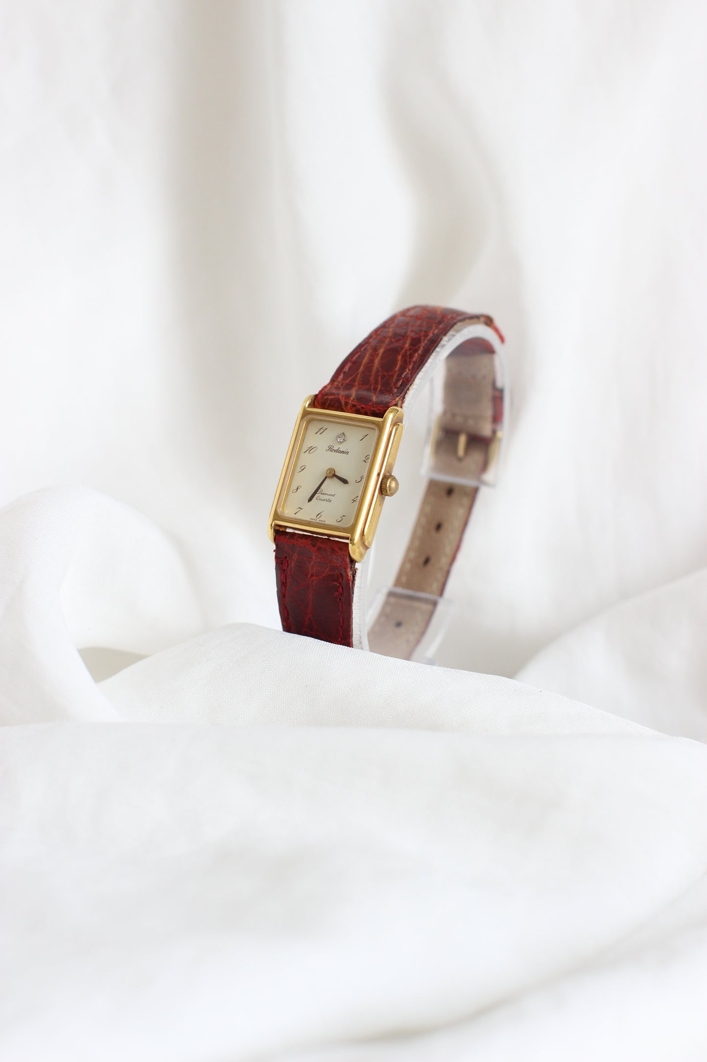 Rodania 1980s Mini Tank Watch – Diamond Detail & Bordeaux Crocodile Strap