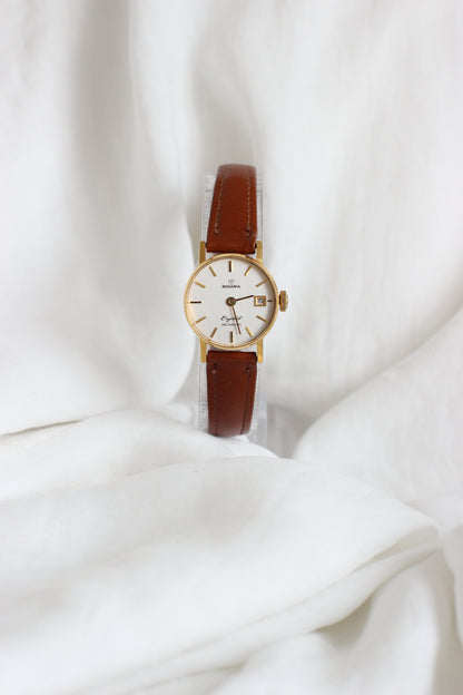 Rodania 1980s Quartz Watch – Cognac Leather Strap & Beige-Gold Dial