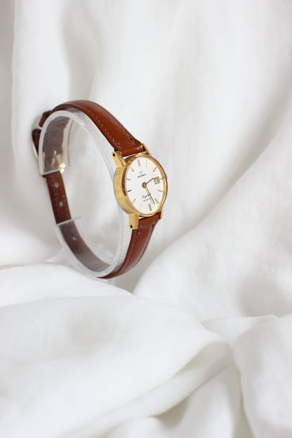 Rodania 1980s Quartz Watch – Cognac Leather Strap & Beige-Gold Dial