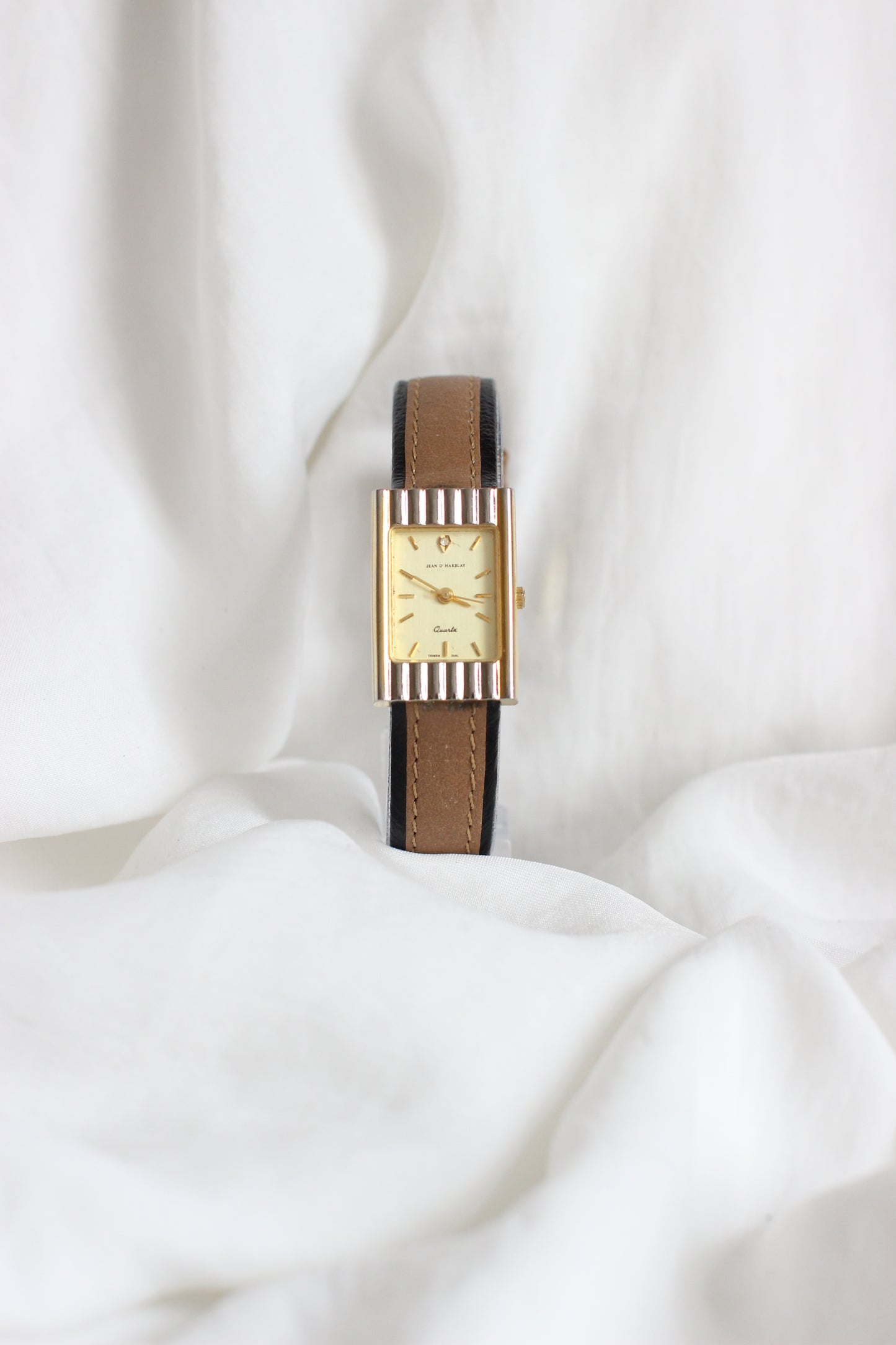 Jean D’Harblay 1980s Tank Two-Tone Watch – Diamond Detail & Camel Leather Strap