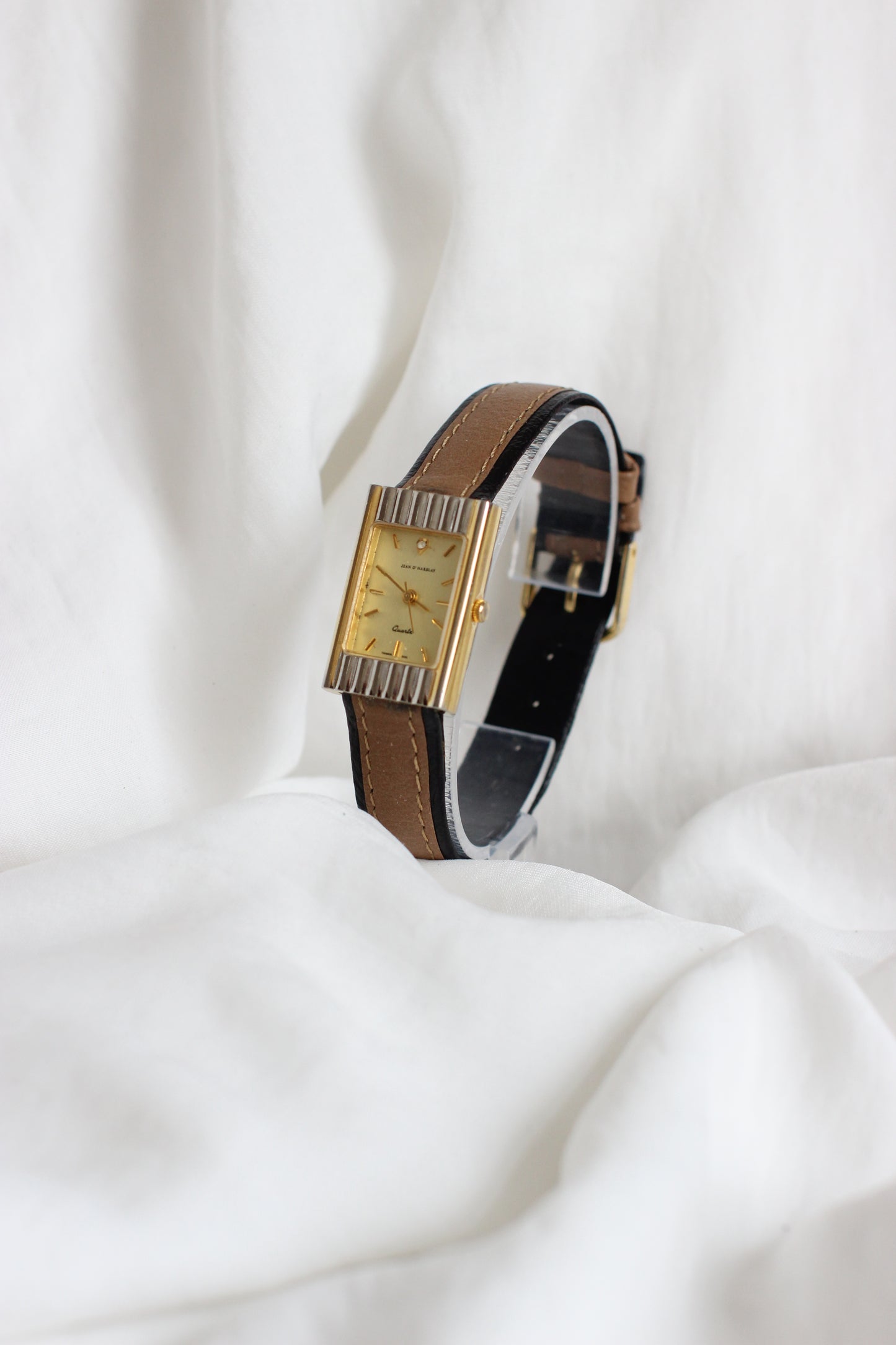 Jean D’Harblay 1980s Tank Two-Tone Watch – Diamond Detail & Camel Leather Strap