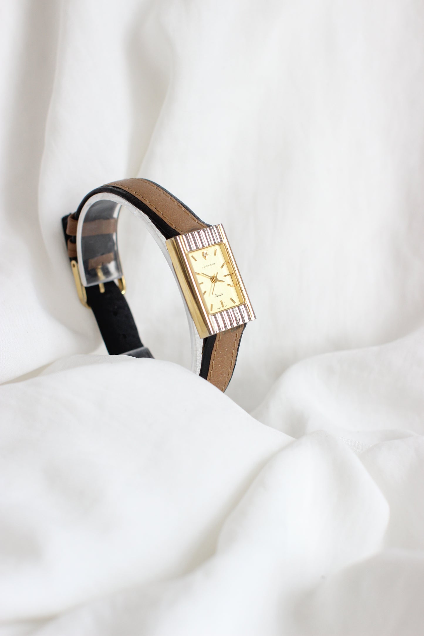 Jean D’Harblay 1980s Tank Two-Tone Watch – Diamond Detail & Camel Leather Strap