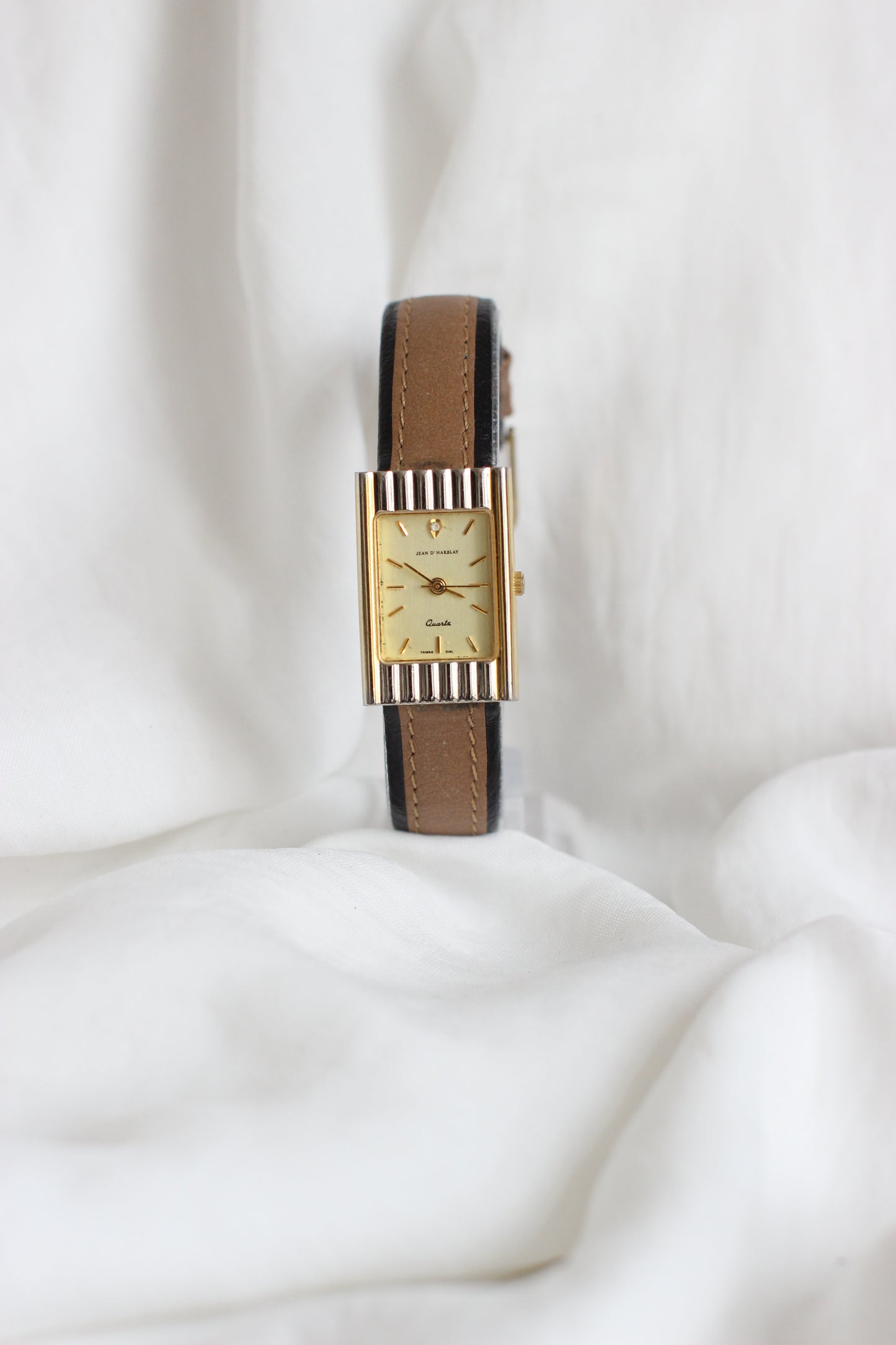 Jean D’Harblay 1980s Tank Two-Tone Watch – Diamond Detail & Camel Leather Strap