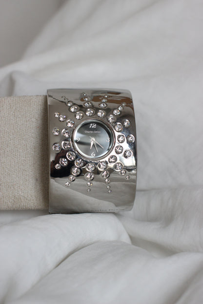Charles Delon Statement Cuff Watch – Black Dial with Crystal Star