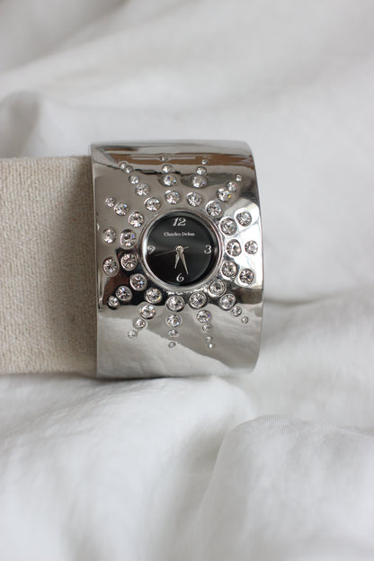 Charles Delon Statement Cuff Watch – Black Dial with Crystal Star