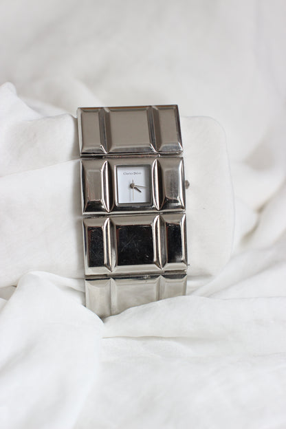 Charles Delon 1980s Silver-Tone Cubic Modernist Cuff Watch – White Dial