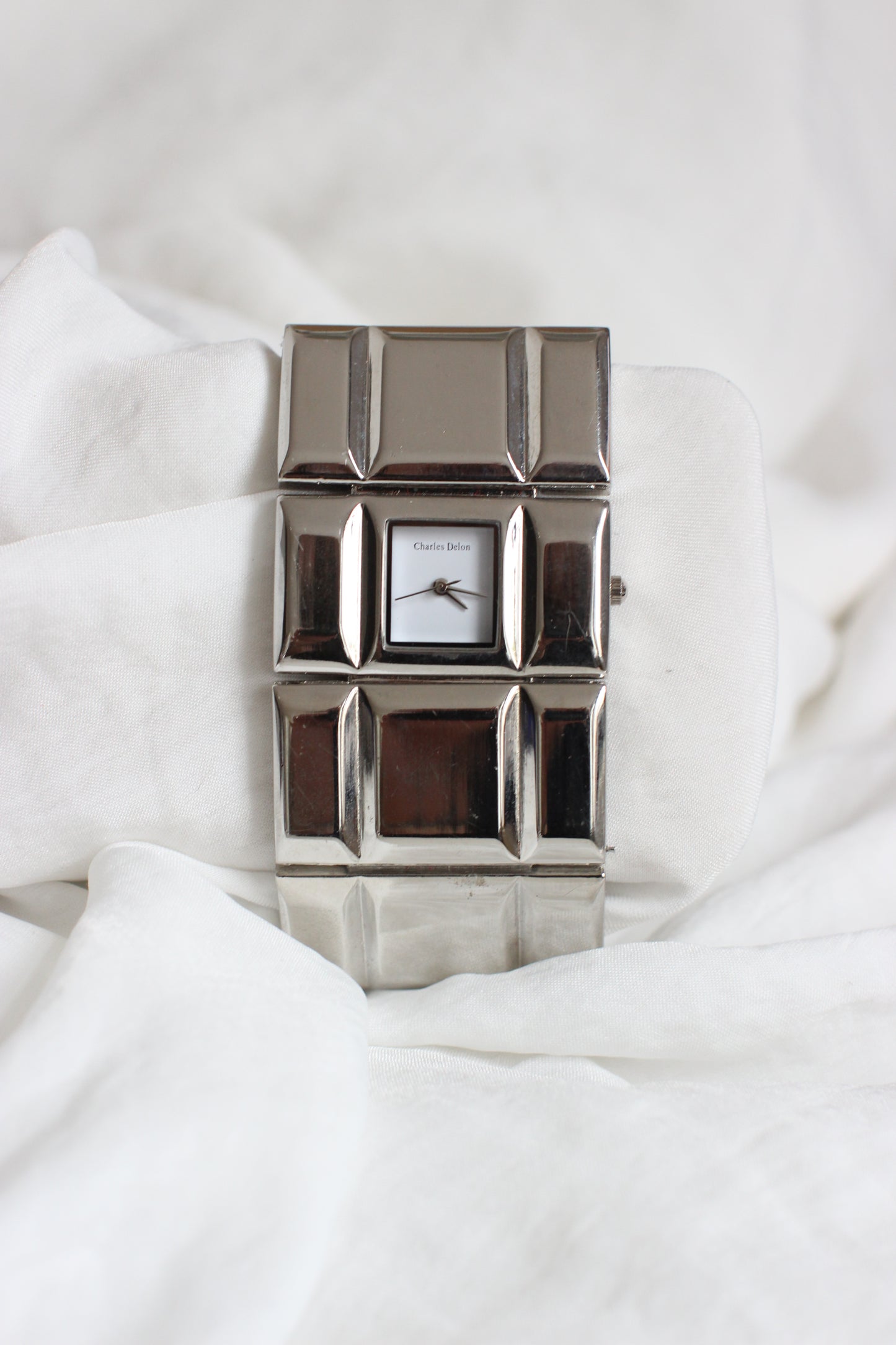 Charles Delon 1980s Silver-Tone Cubic Modernist Cuff Watch – White Dial