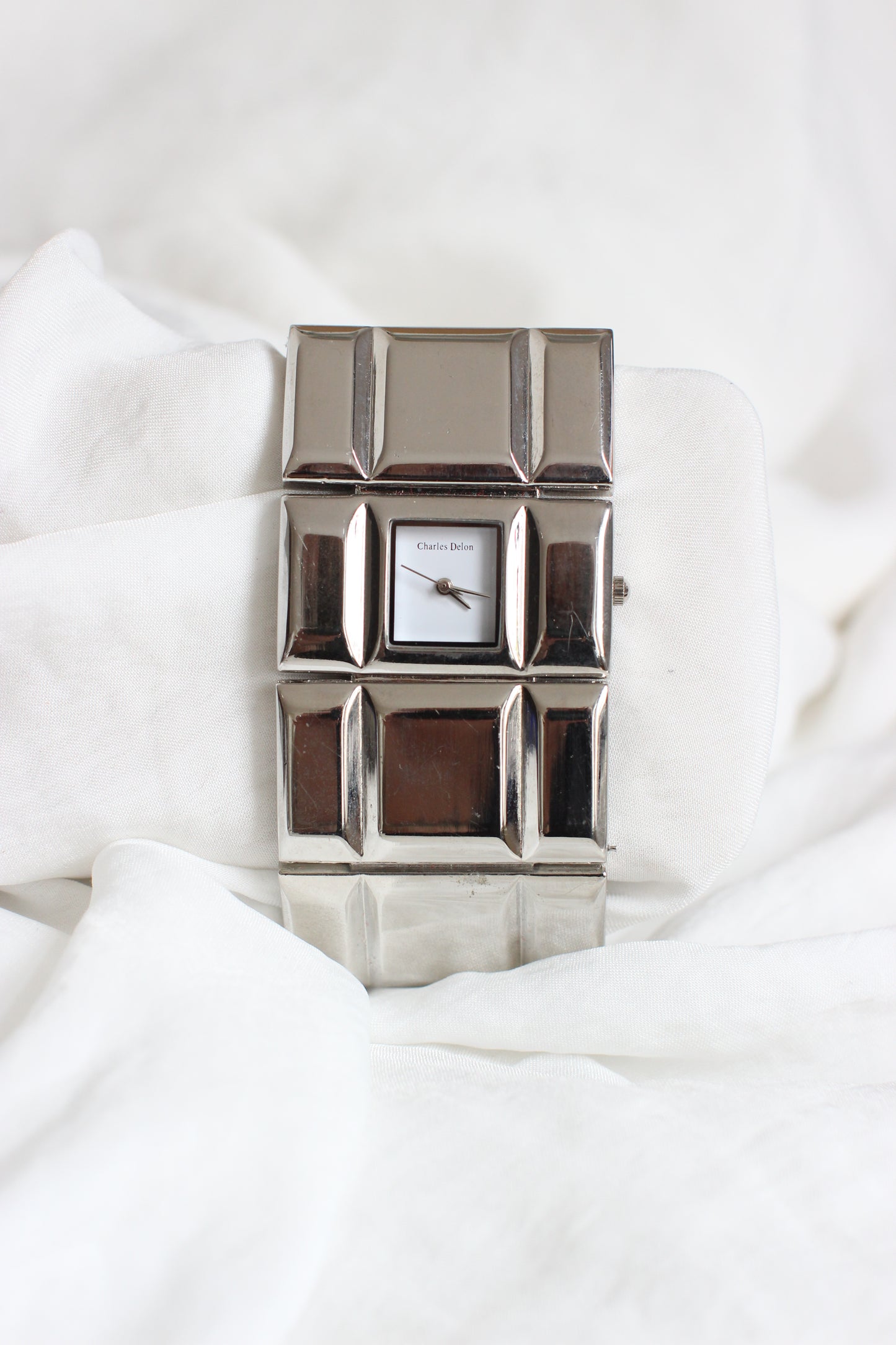Charles Delon 1980s Silver-Tone Cubic Modernist Cuff Watch – White Dial