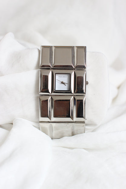 Charles Delon 1980s Silver-Tone Cubic Modernist Cuff Watch – White Dial