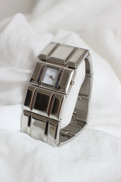 Charles Delon 1980s Silver-Tone Cubic Modernist Cuff Watch – White Dial