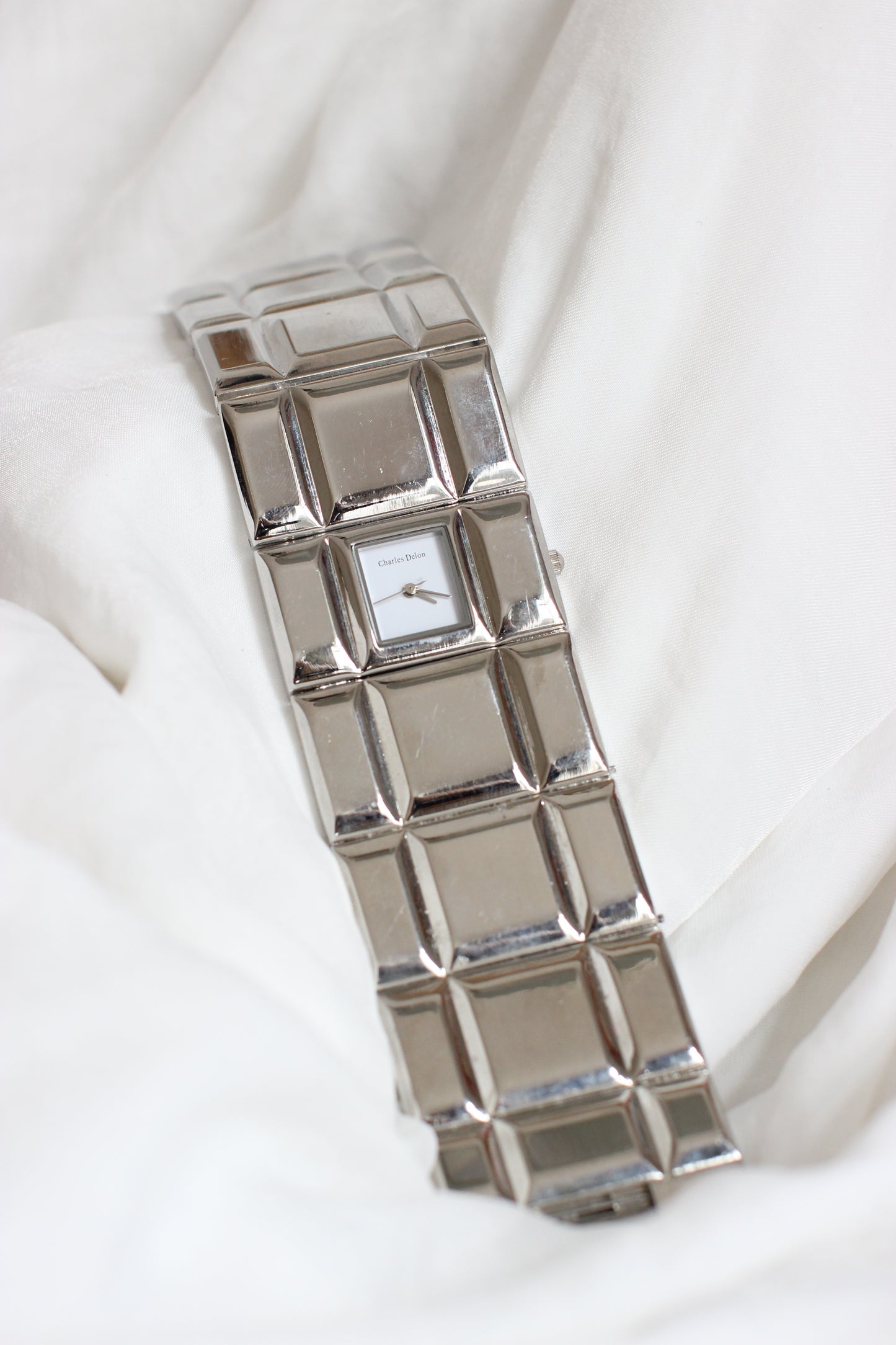 Charles Delon 1980s Silver-Tone Cubic Modernist Cuff Watch – White Dial