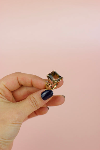 Unique & Magical Gold Art Deco Cocktail Ring with Massive Smoked Quartz