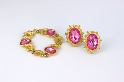 Rare : Trifari Kunio Matsumoto 1970’s Gold Tone Pink Crystal Set