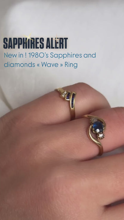 18K Gold Vintage Wave Ring with Sapphires and Diamonds