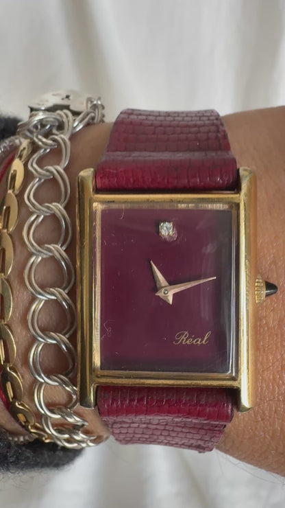 Montre mécanique vintage Tank « Real » – Élégance bordeaux